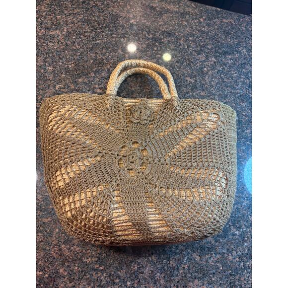 Coldwater Creek Gold Straw Crocheted Tote with Double Handle - Picture 3 of 8